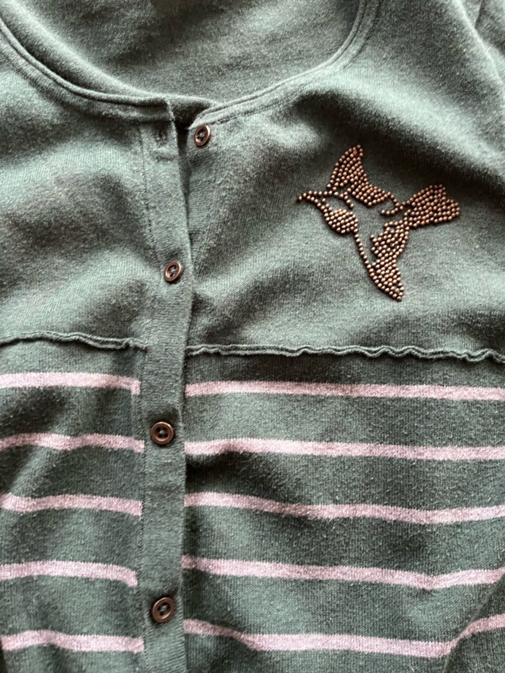 Wrap London • Striped Button-Front Cardigan with Beaded Bird accent